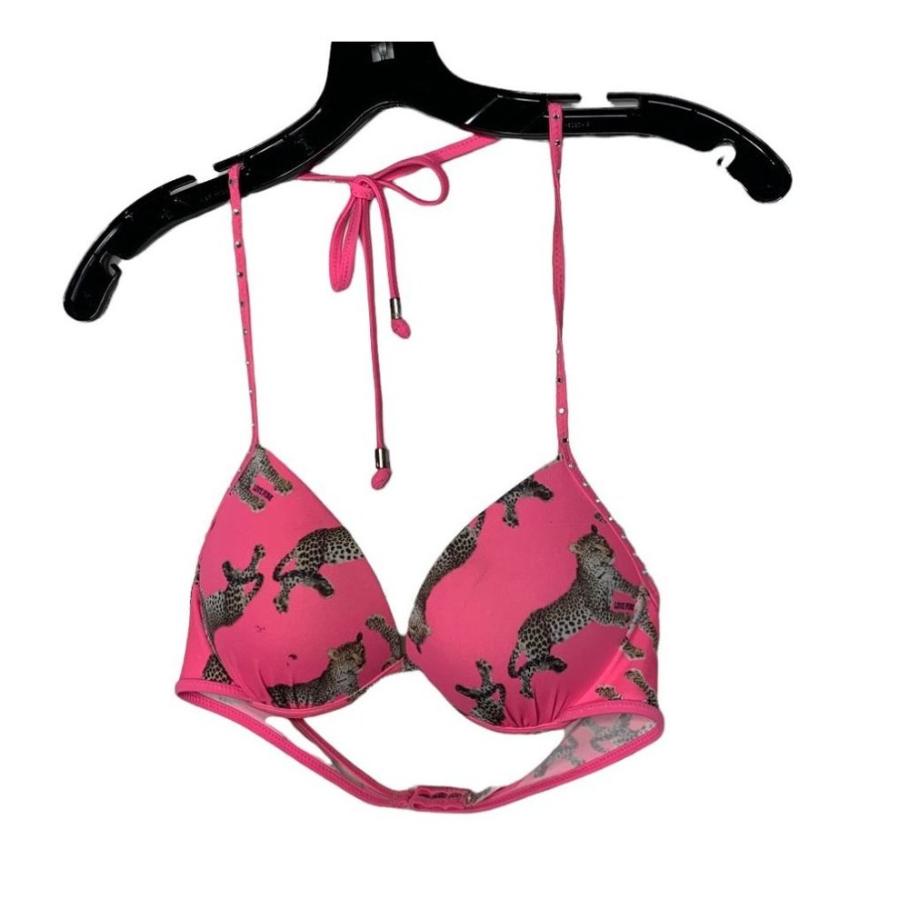 PINK Victorias Secret VS Push Up Leopard Rhinestone Swim Bikini Top Padded